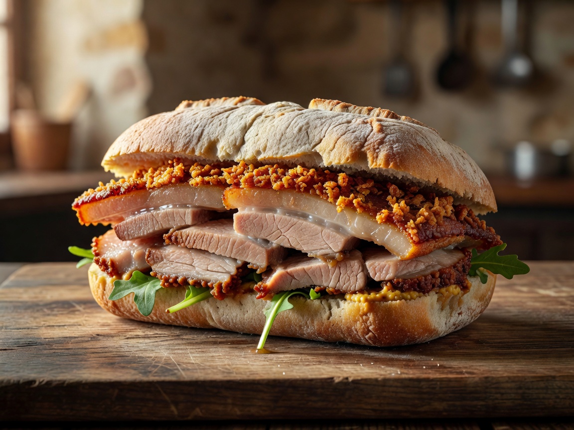 Artisan porchetta roast pork sandwich with crispy crackling