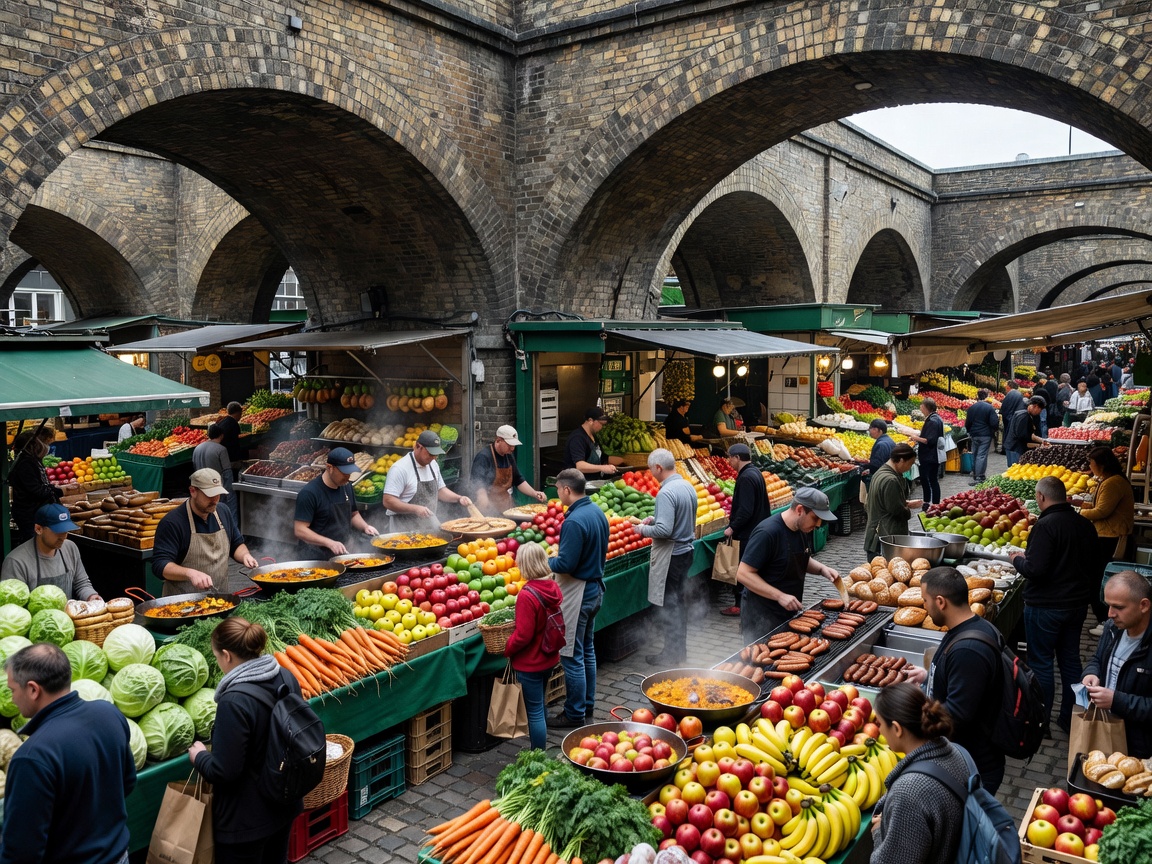 Borough Market historic arches with fresh street food and produce stalls