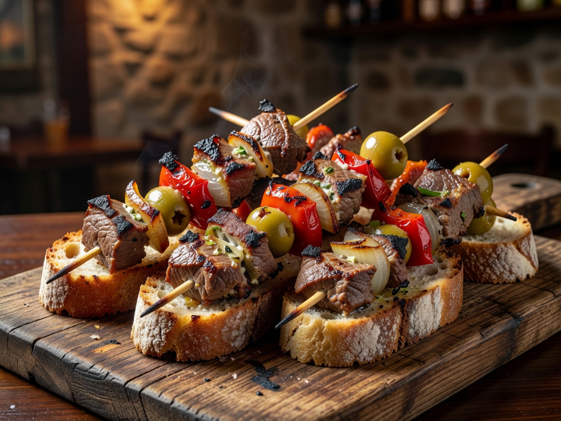 Crisp grilled pintxos skewers on artisan bread