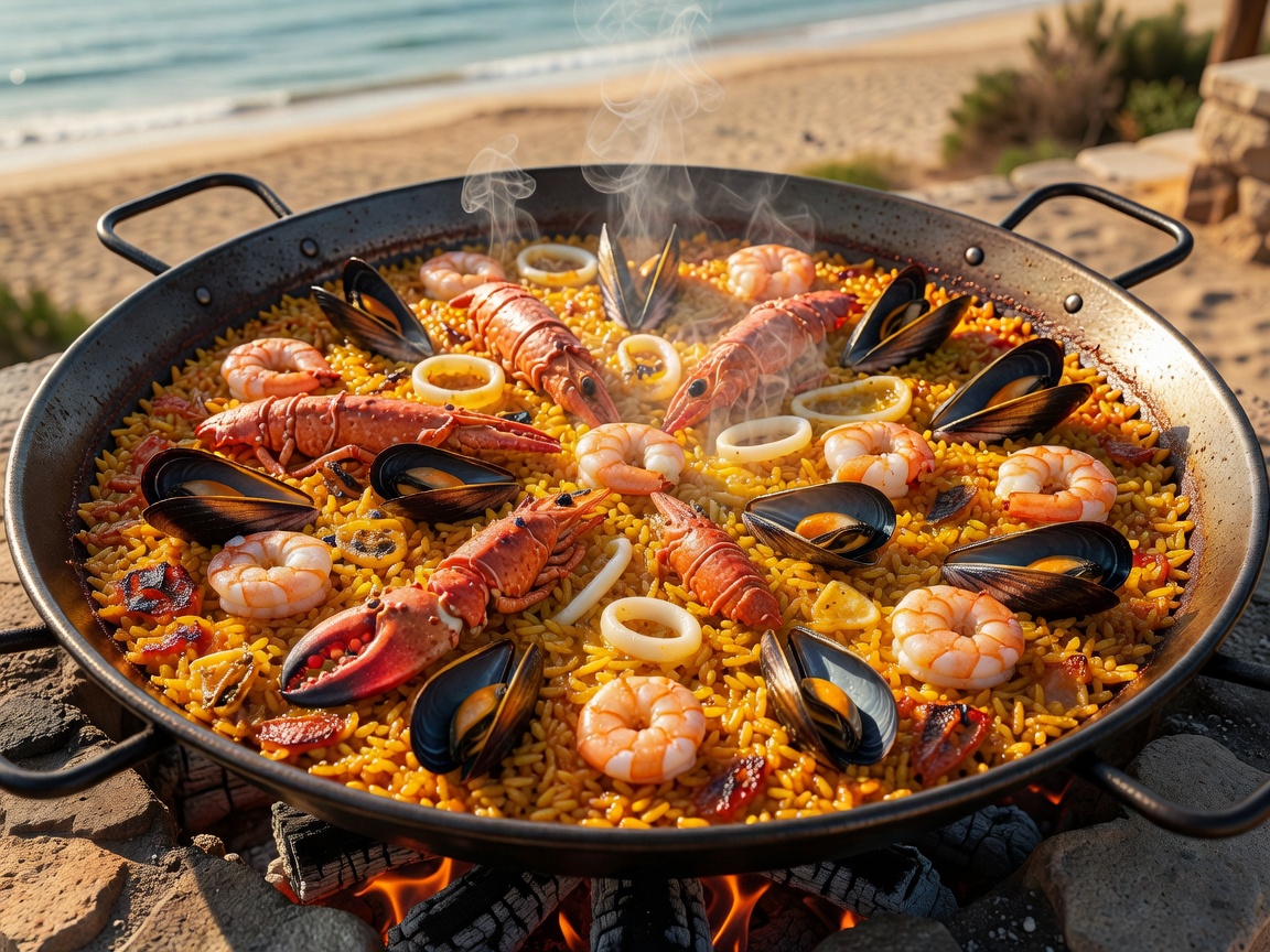 Fresh artisan seafood paella cooked in a giant iron pan